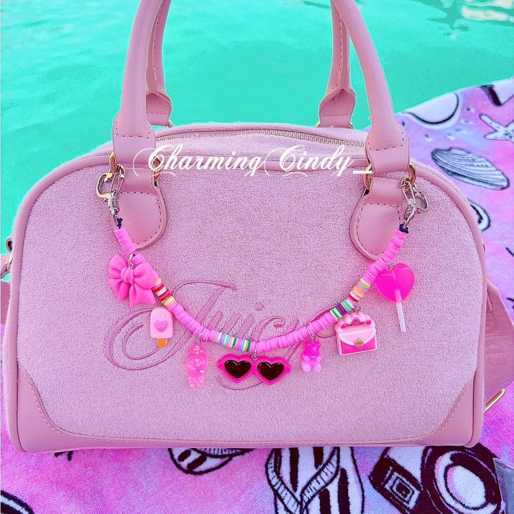 Light pink terry cloth Juicy couture purse & Summer loving handmade purse charm.